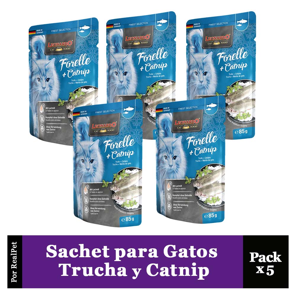 Pack x5 Sachet para Gato Leonardo sabor Trucha y Catnip 85gr