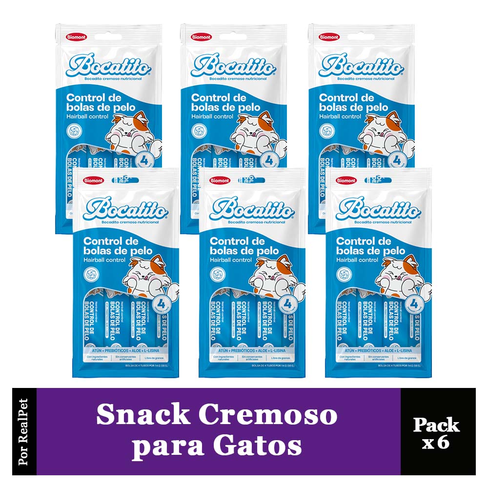 Pack x6 Snack Cremoso Gato Bocatito Control Bola de Pelos