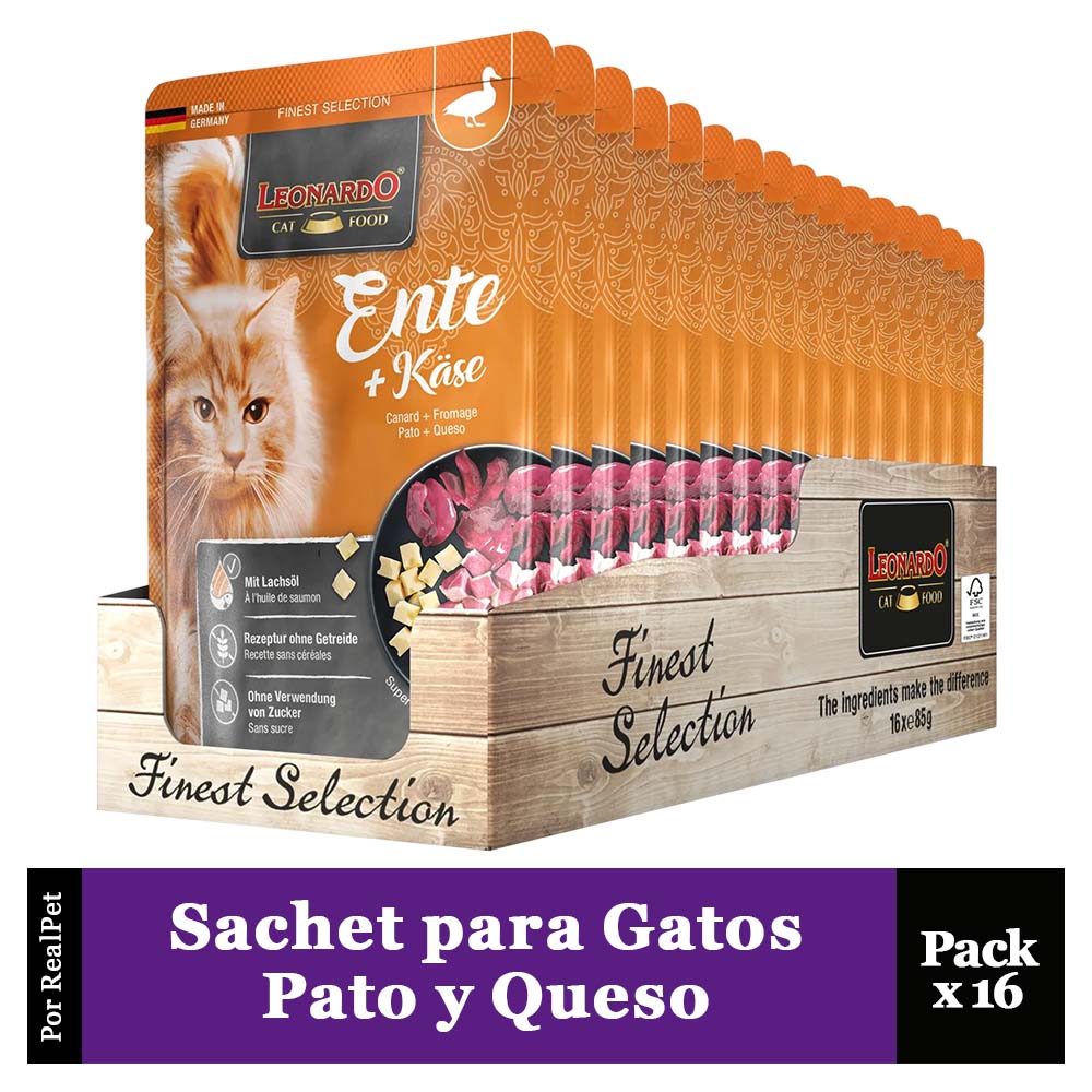 Pack x16 Sachet para Gato Leonardo sabor Pato y Queso 85 gr