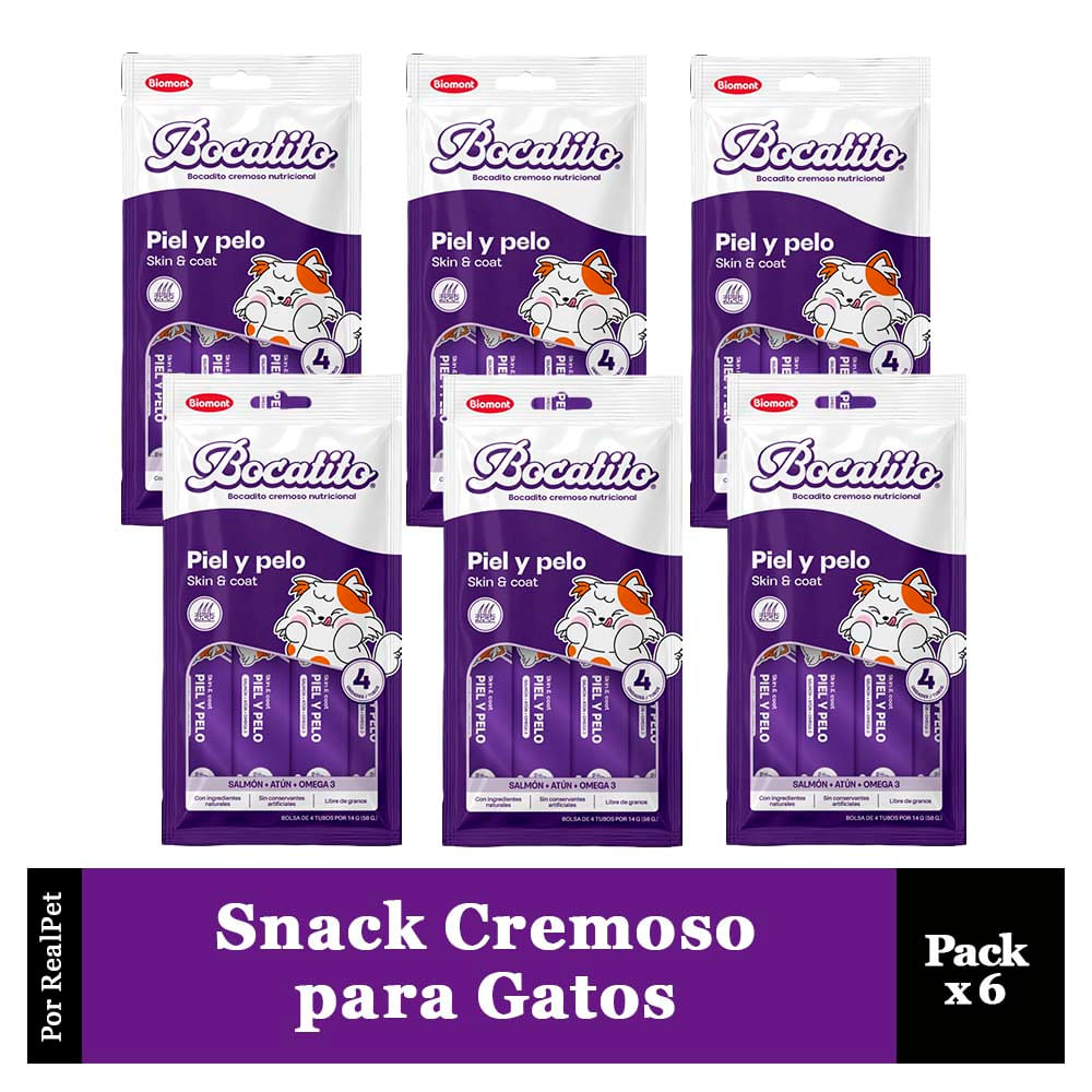 Pack x6 Snack Cremoso Gato Bocatito Piel y Pelo