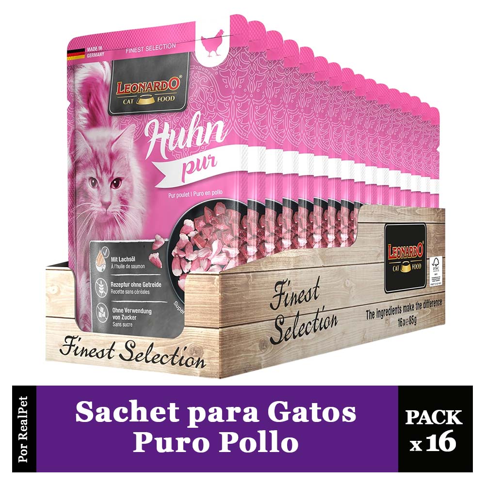 Pack x16 Sachet para Gato Leonardo sabor Puro Pollo 85 gr