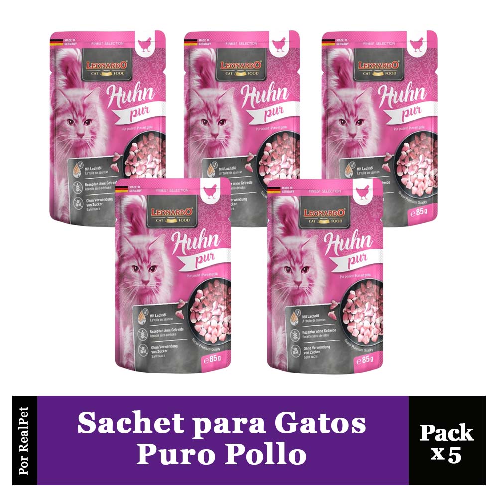 Pack x5 Sachet para Gato Leonardo sabor Puro Pollo 85 gr