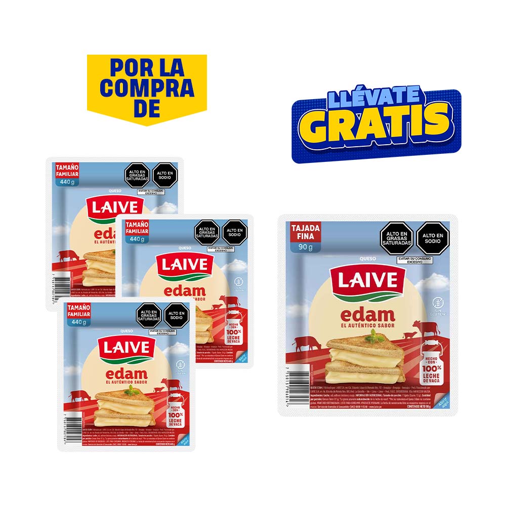 Pack Queso Edam LAIVE Paquete 440g x 3un + Queso Edam LAIVE Tajadas Finas Paquete 90g