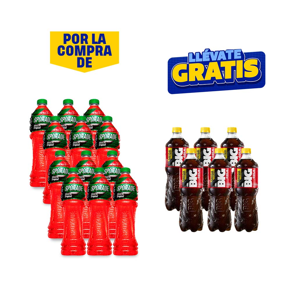 Pack Bebida Rehidratante SPORADE Tropical Electrolitos Botella 1.5L x 12un + Gaseosa BIG KOLA Botella 1.035L x 6un