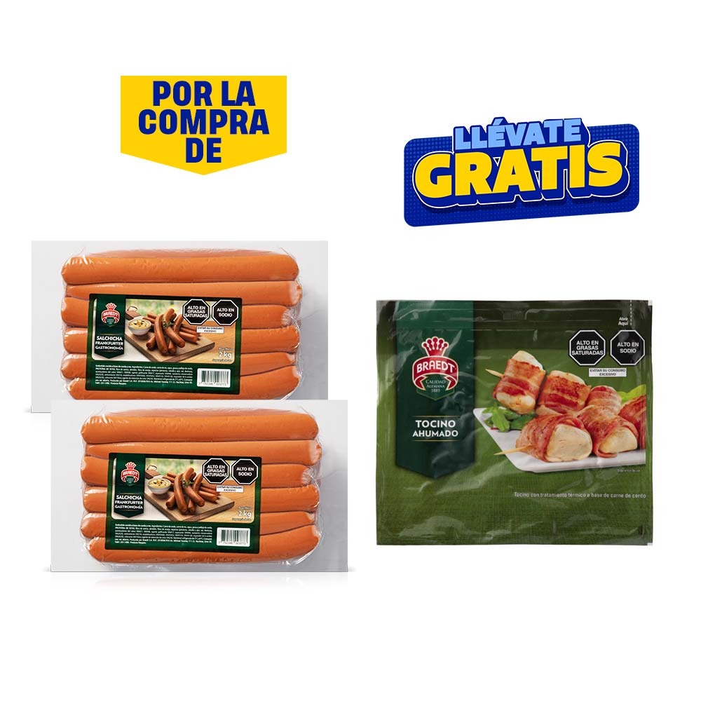 Pack Tocino Ahumado BRAEDT Paquete 80g + Salchicha Frankfurter Braedt 2Kg Paquete 24un x 2un