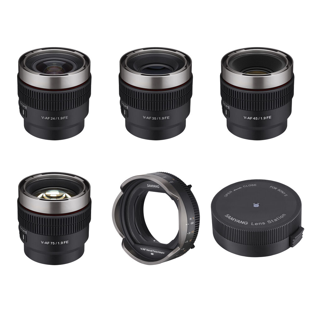 Samyang Kit de Lentes Cine V-AF T1.9 FE 24, 35, 45, 75mm con Adaptador de Enfoque y Estaci