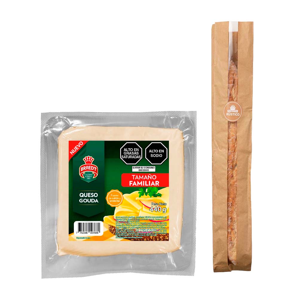 Pack Queso Gouda BRAEDT Tamaño Familiar Paquete 440g + Pan Baguette Especial x und.