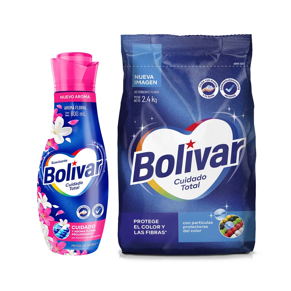 Pack BOLÍVAR: Detergente en Polvo Cuidado Total Bolsa 2.4Kg + Suavizante de Ropa Floral Botella 800ml