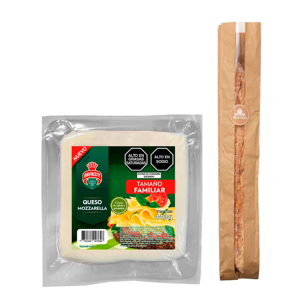 Pack Queso Mozzarella BRAEDT Tamaño Familiar Paquete 440g + Pan Baguette Especial x und.