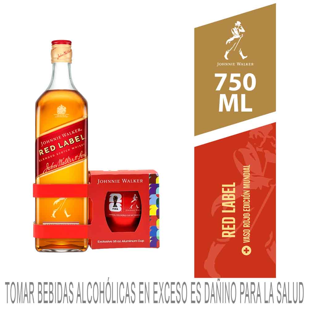 Whisky JOHNNIE WALKER Red Label Botella 750ml + Vaso Mundial FIFA