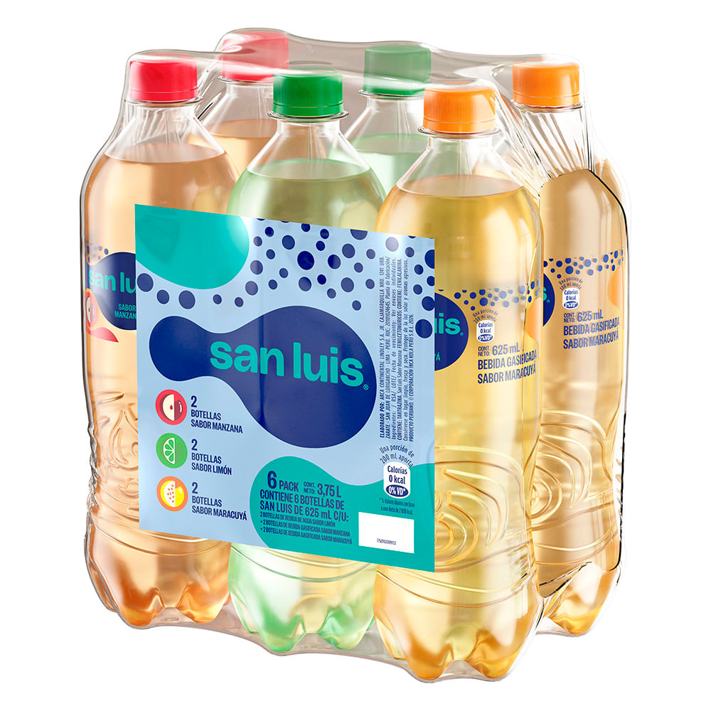 Agua SAN LUIS Sabor a Manzana + Maracuyá + Limón Botella 625ml Paquete 6un
