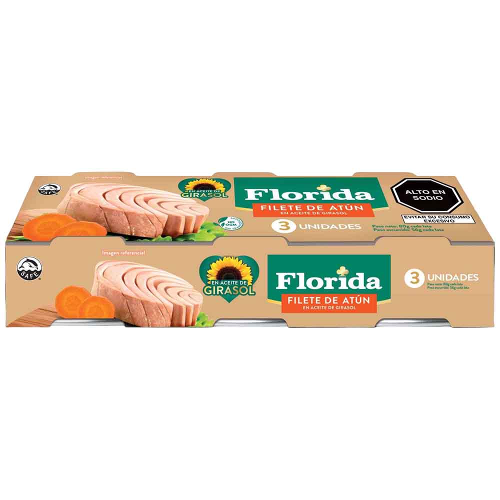 Filete de Atún con Aceite de Girasol FLORIDA Lata 80g Paquete 3un
