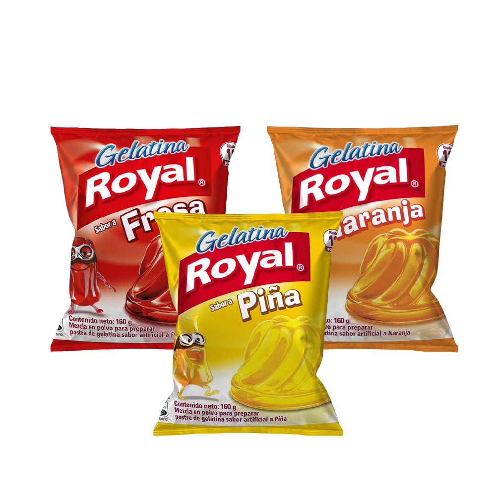 Pack Gelatina ROYAL Sabor a Piña Bolsa 160g + Gelatina ROYAL Sabor a Fresa Bolsa 160g + Gelatina ROYAL Sabor a Naranja Bolsa 160g