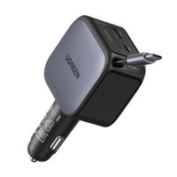 UGREEN Cargador para Auto 60W con Cable USB-C Retráctil USB-C y USB-A Carga Rápida EC602 - 55212B