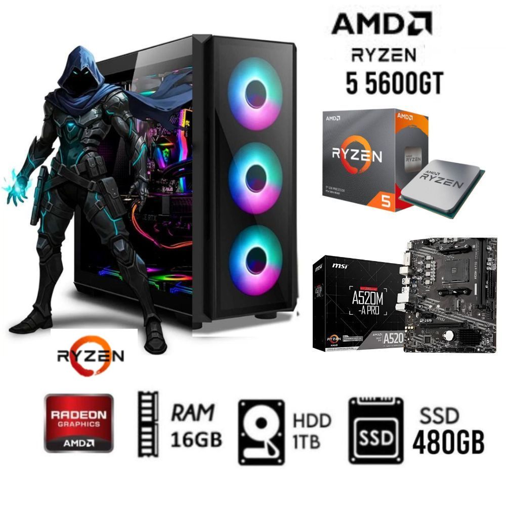 Computadora Pc Ryzen 5-5TH Ram 16GB Disco Duro 1TB Disco SSD 480GB Case 550W Led