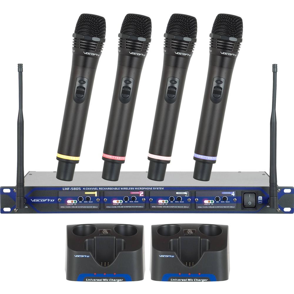 VocoPro UHF-5805-10 Sistema de Micrófono Inalámbrico Profesional Recargable de 4 Canales