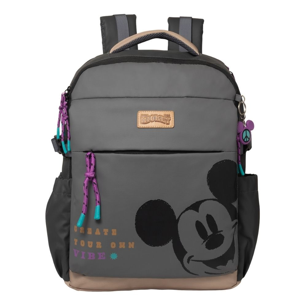Mochila Oficio Disney Student Mickey Mouse Gris Viajera Multiples Compartimientos