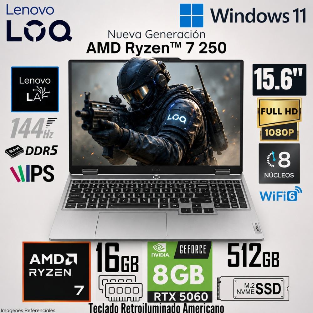 Laptop Lenovo LOQ 15AHP10 AMD Ryzen 7 250 16GB RAM 512GB SSD RTX 5060-8GB 15.6 FHD 144 - 83JG007PUS