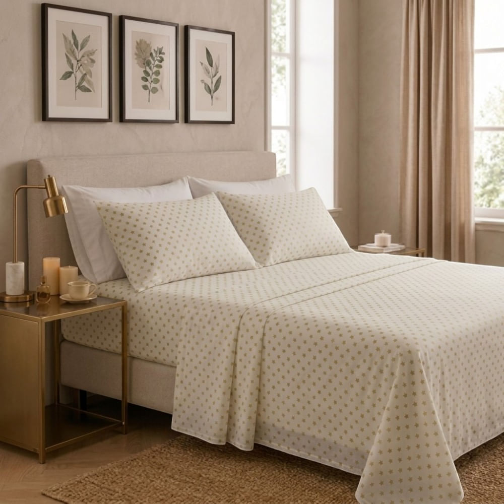 Juego de sabanas orma hogar 2 plazas blanco con estrellas beige 200 hilos algodón pima
