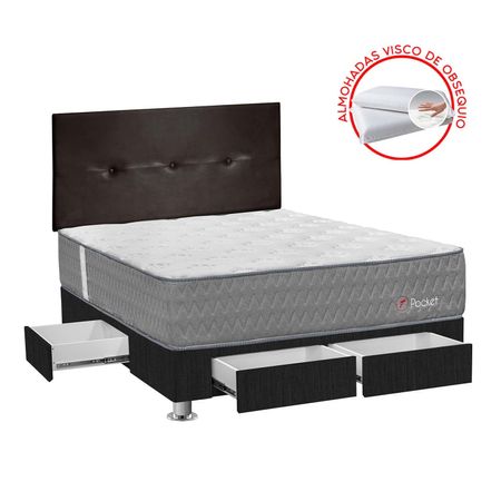 Dormitorio Forli Pocket Con 4 Cajones 2 Plazas + Cabecera Alicia + 2 Almohadas + 1 Protector