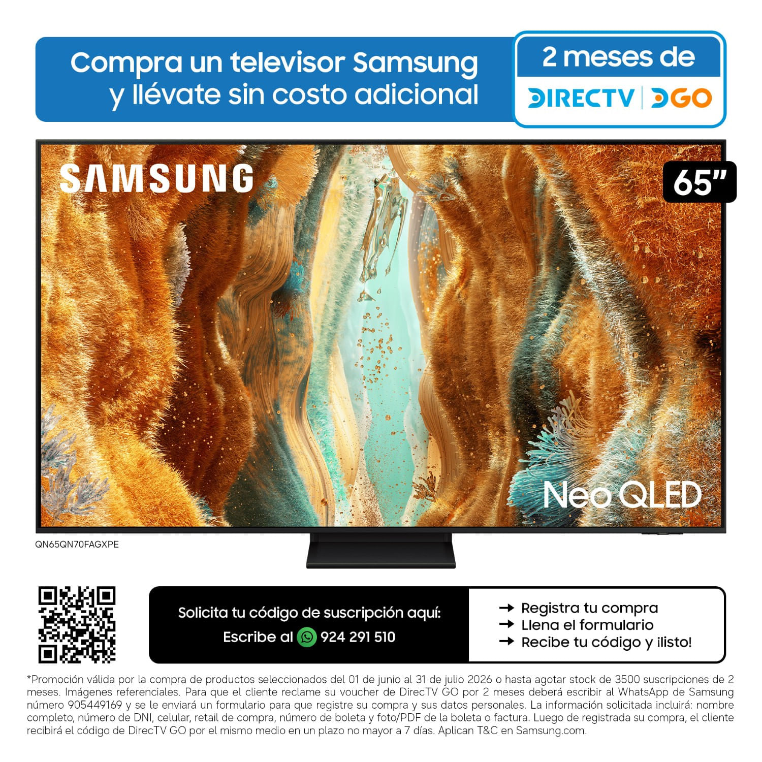 Televisor Samsung QN65QN70FAGXPE 65"" Neo QLED 4K QN70F Vision AI SmartTV(2025)