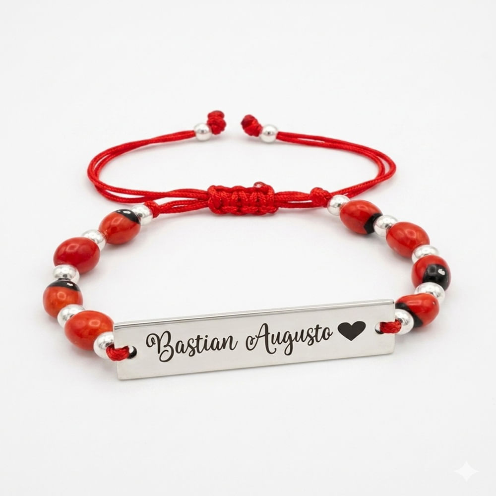 Pulsera de Huayruros Tejida con Placa Personalizada - Hilo Rojo