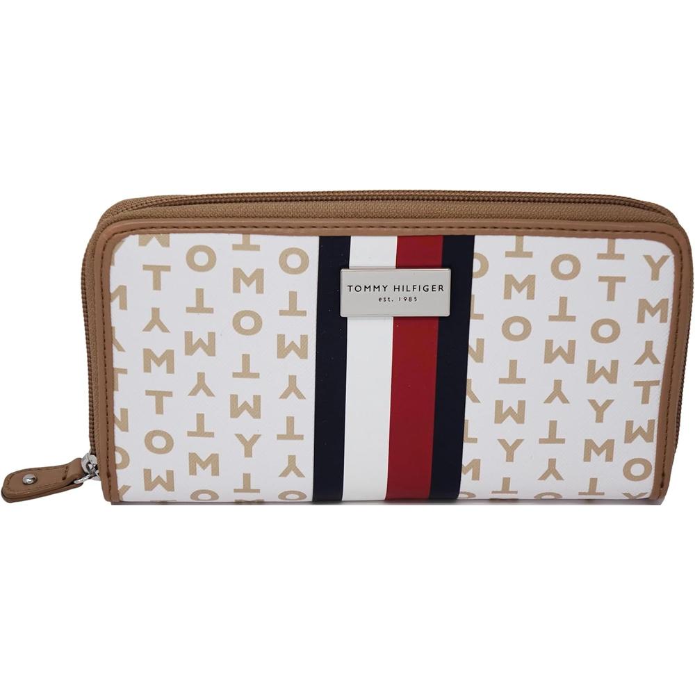 BILLETERA TOMMY HILFIGER CLUTCH PRINT WHITE TAN MUJER