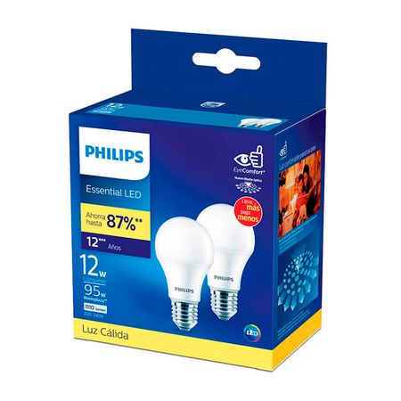 Pack X2 Foco LED E27 12W Luz Cálida Philips