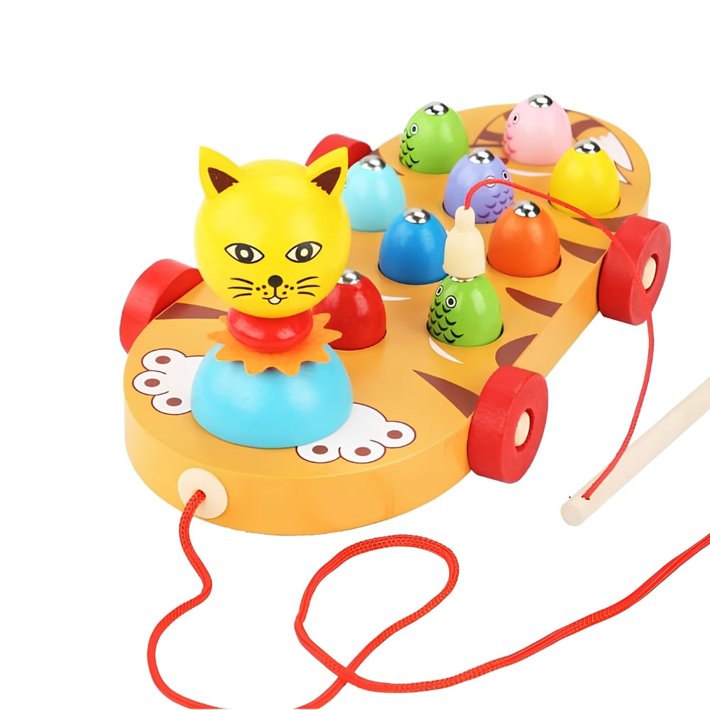 Juego de Pesca Didactico Gatito con Caña de Pescar Carrito de Madera Kitten Fishing Trailer