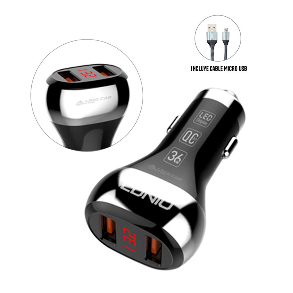 Cargador para Auto 3.0 con Medidor de Voltaje Incl. Cable Micro USB