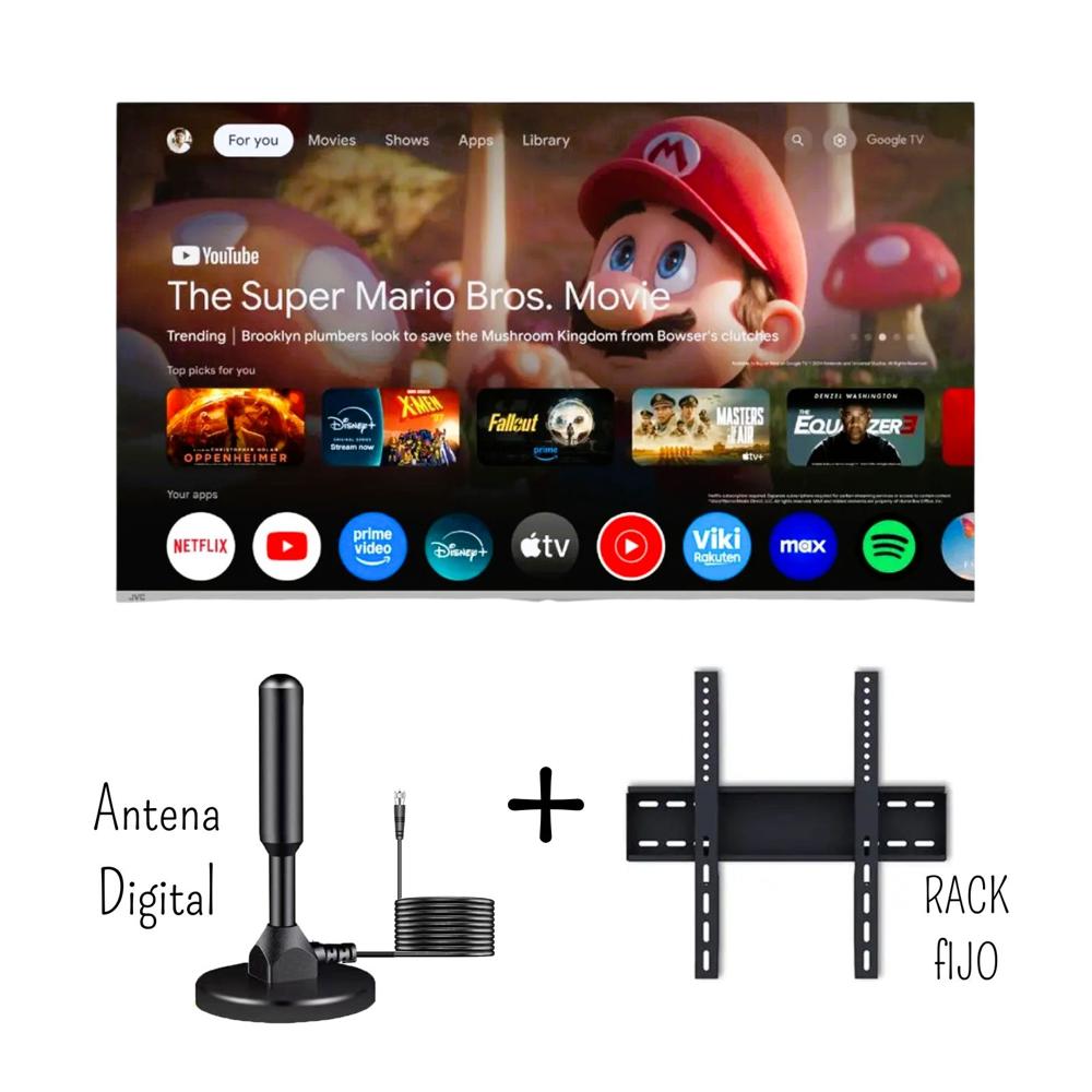 Televisor JVC 58 pulgadas QLED 4K Ultra HD Smart TV Google Tv LT-58KM858 - Antena Digital - Rack