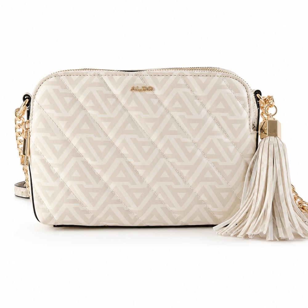 CARTERA CROSSBODY ALDO MONOGRAFIADA BEIGE CON CADENA DORADA