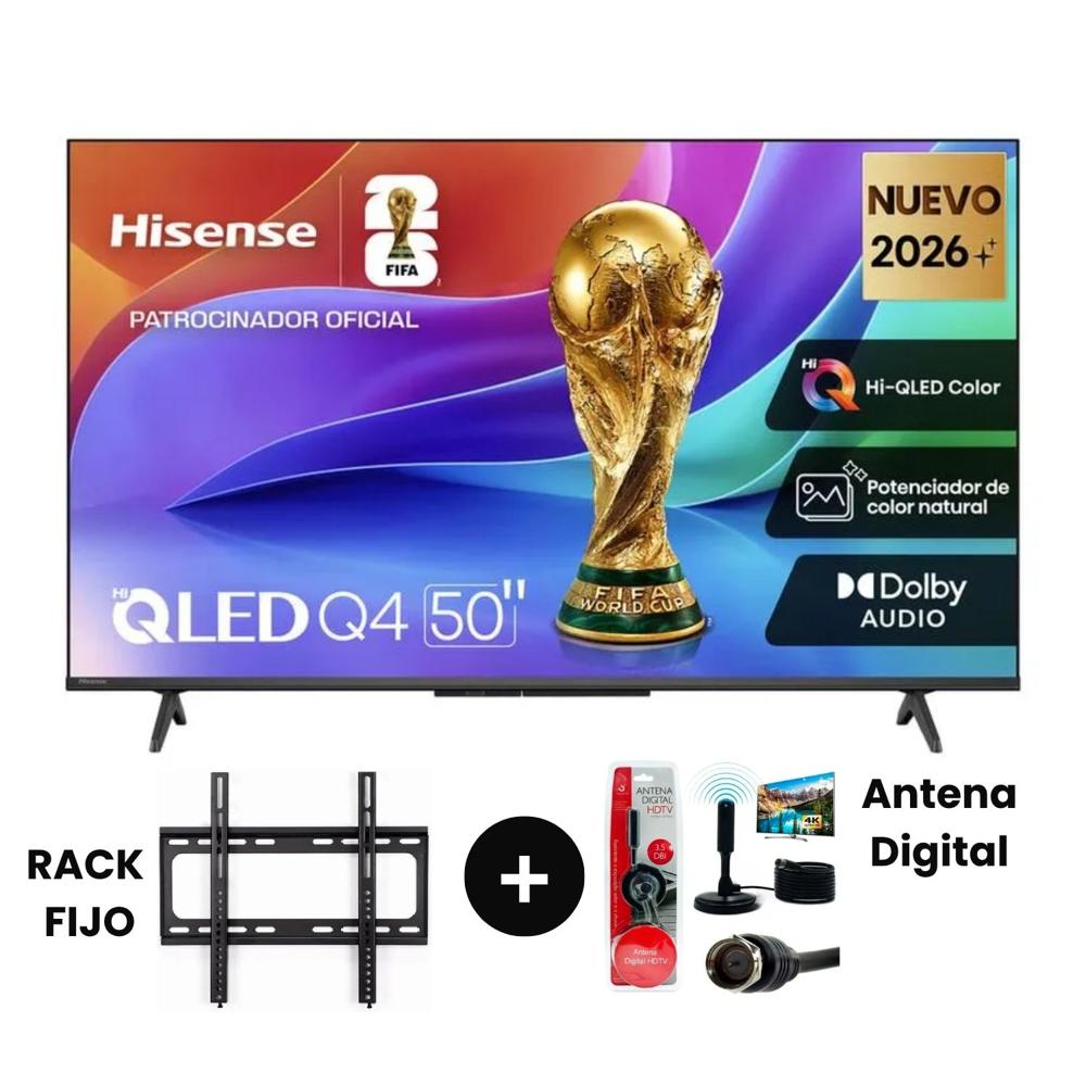 TV Hisense 50 QLED  Modelo 50Q4SV más Antena Digital más Rack