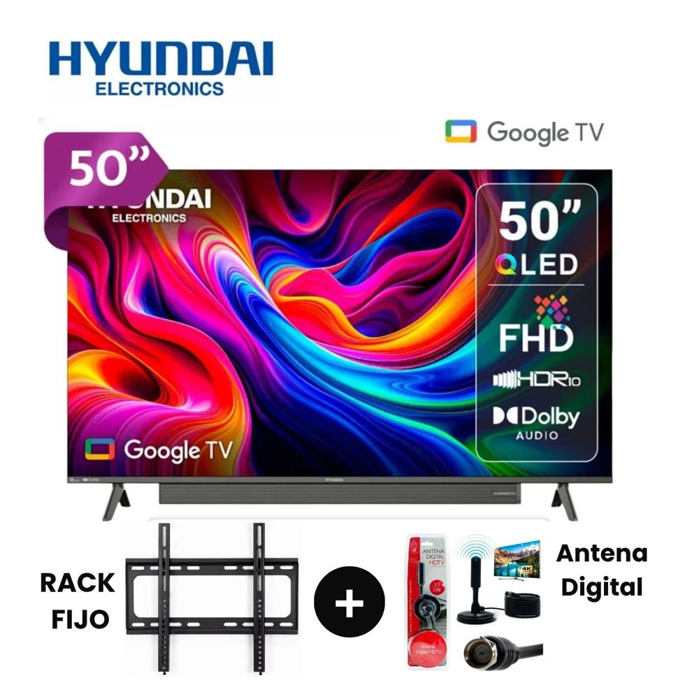 Televisor HYUNDAI DE 50 QLED  Modelo 50QFG más Antena Digital más Rack