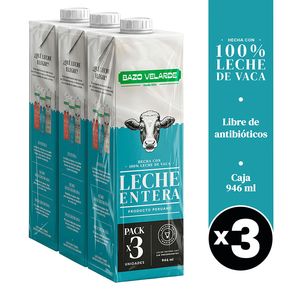 Leche Entera UHT BAZO VELARDE Caja 946ml Paquete 3un