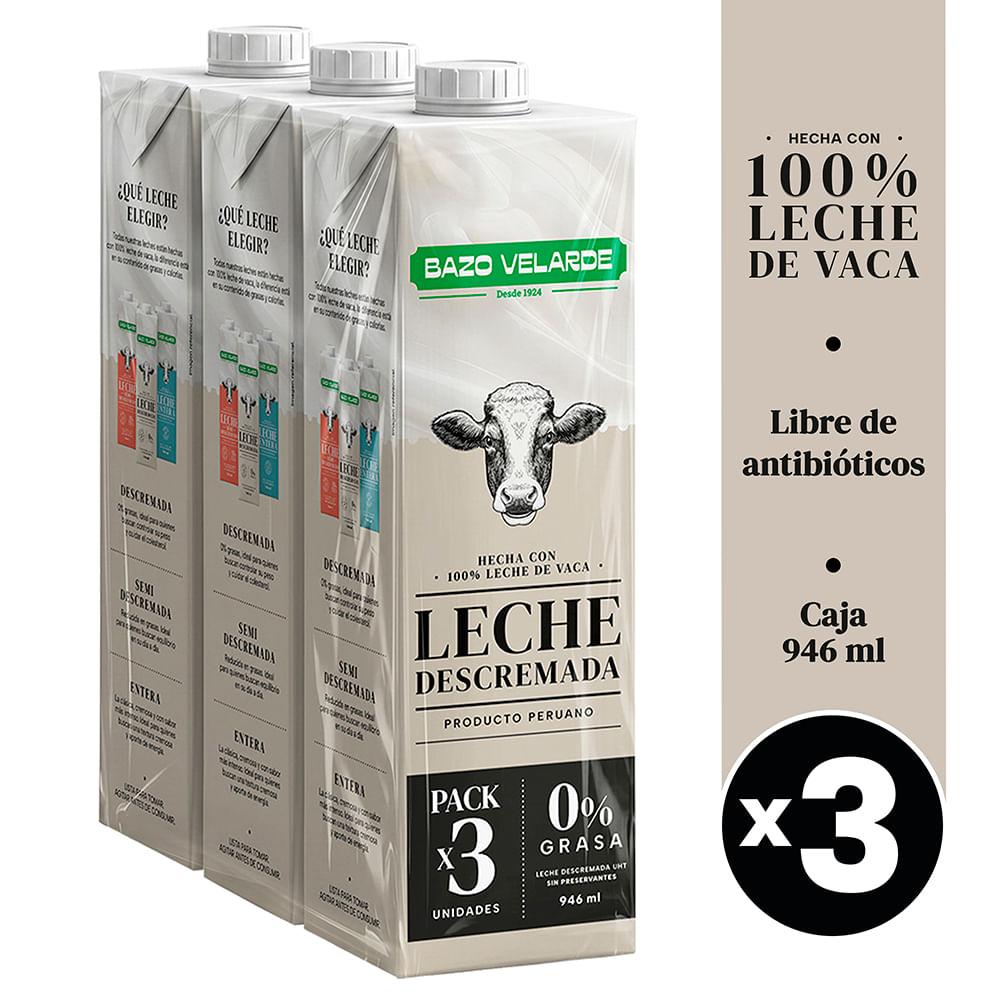 Leche Descremada UHT BAZO VELARDE Caja 946ml Paquete 3un