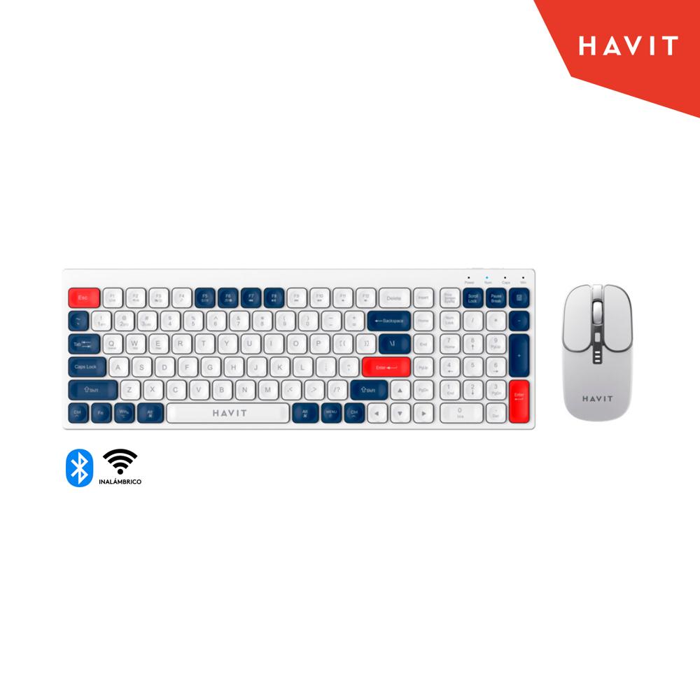 KIT OFFICE TECLADO Y MOUSE INALAMBRICO 2.4GHZ BLUETOOTH HAVIT KB830WB BLANCO ROJO AZUL