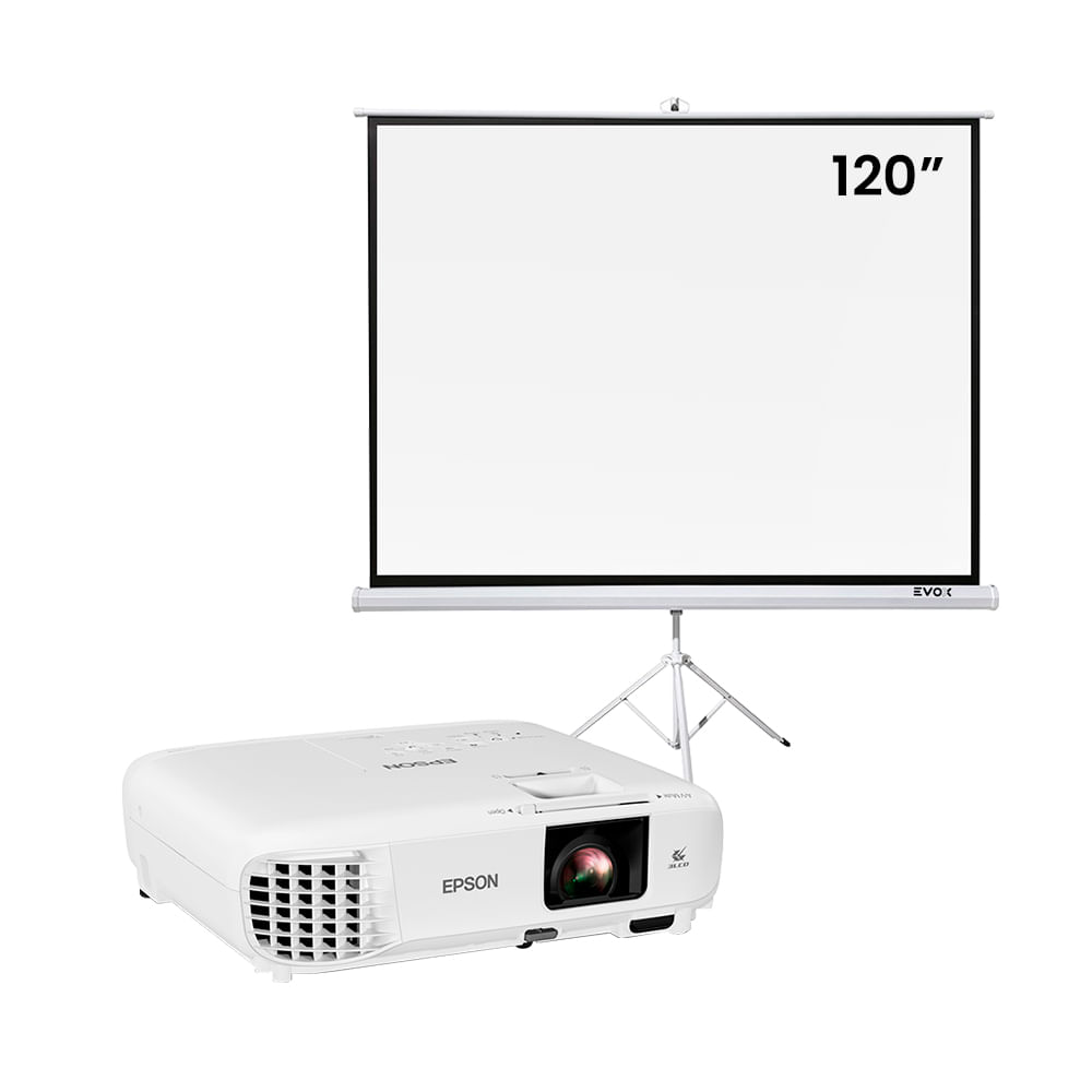 Combo Proyector Epson PowerLite E24 y Ecran Evox Trípode de 120 Pulgadas