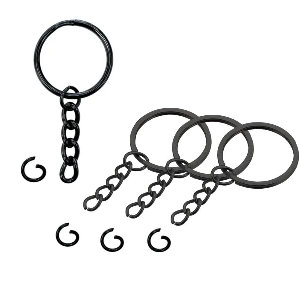 100 Aros Llavero Plano con Cadena Metálico Negro de 2.5cm