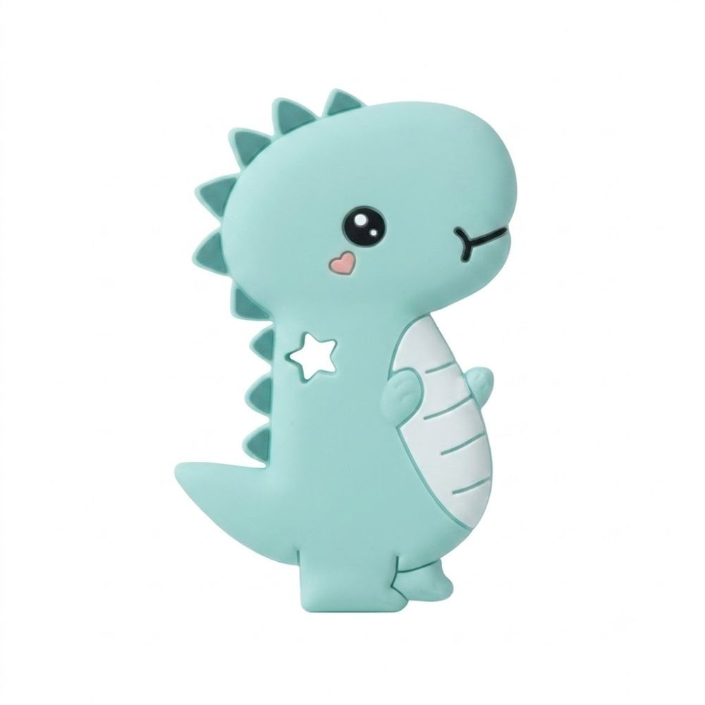 Mordedor de Silicona Dino Turquesa Pastel para Bebés con Estuche