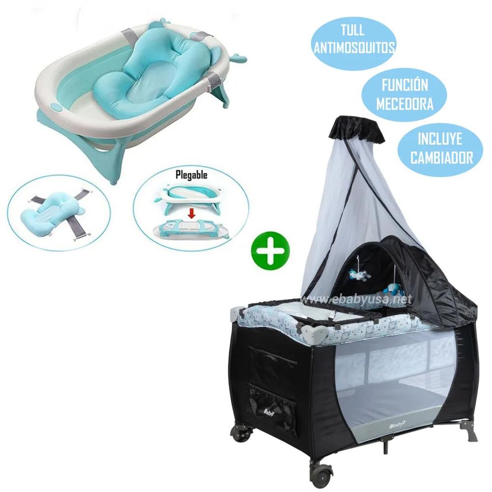 Cuna Corral Mecedora SALLY 716 CL con Tina Plegable Celeste