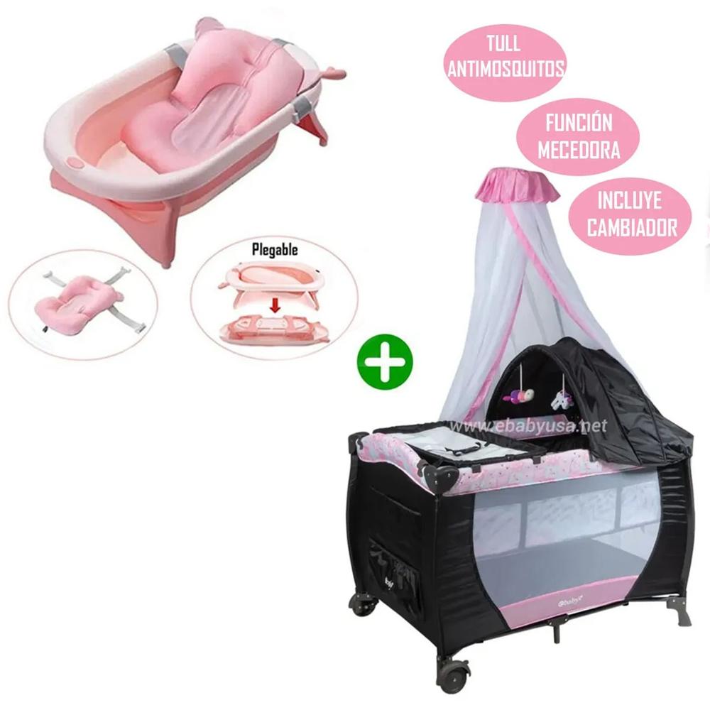 Cuna Corral Mecedora SALLY 716 RS con Tina Plegable Rosado