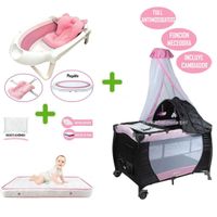 Cuna Corral Ebaby Sally 716 con Colchón de 4 y Bañera Rosado