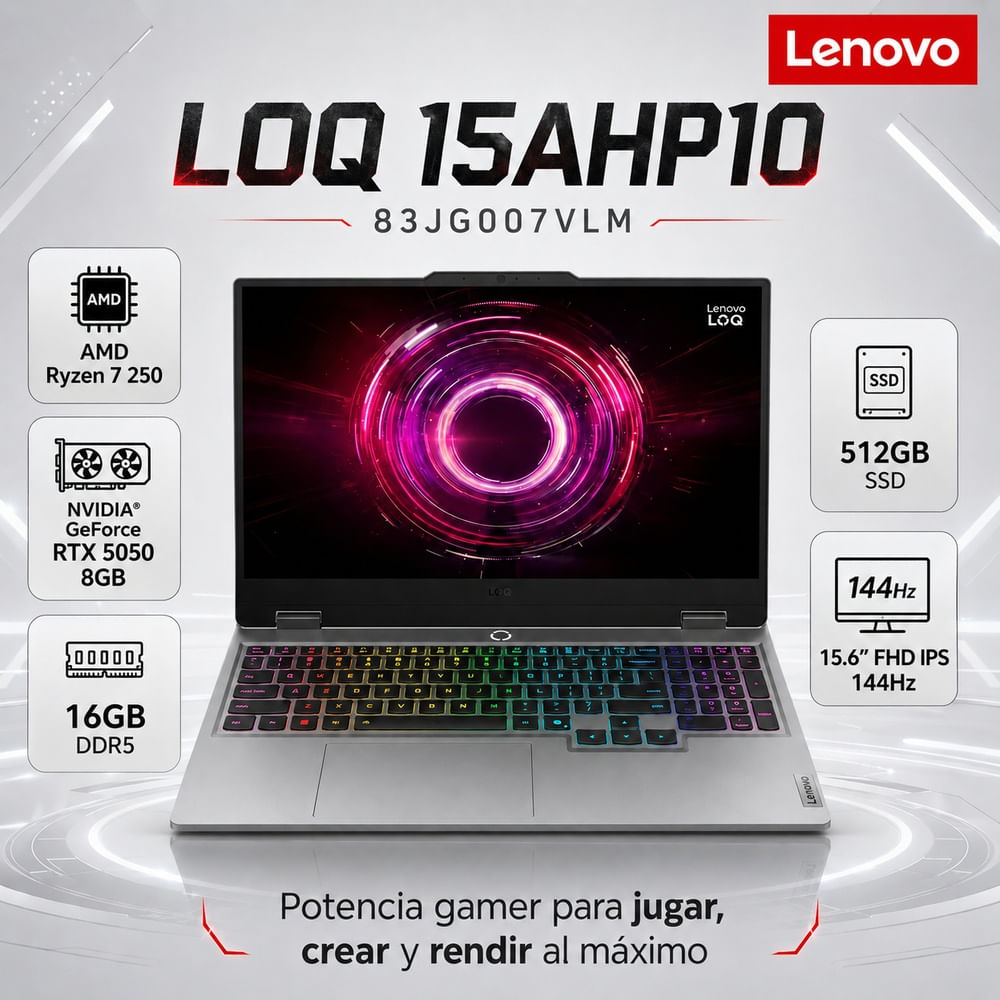 Laptop Gamer Lenovo Ryzen 7 250 16GB 512GB SSD RTX 5050 8GB 15.6 FreeDOS Gris Luna  LOQ 15AHP10