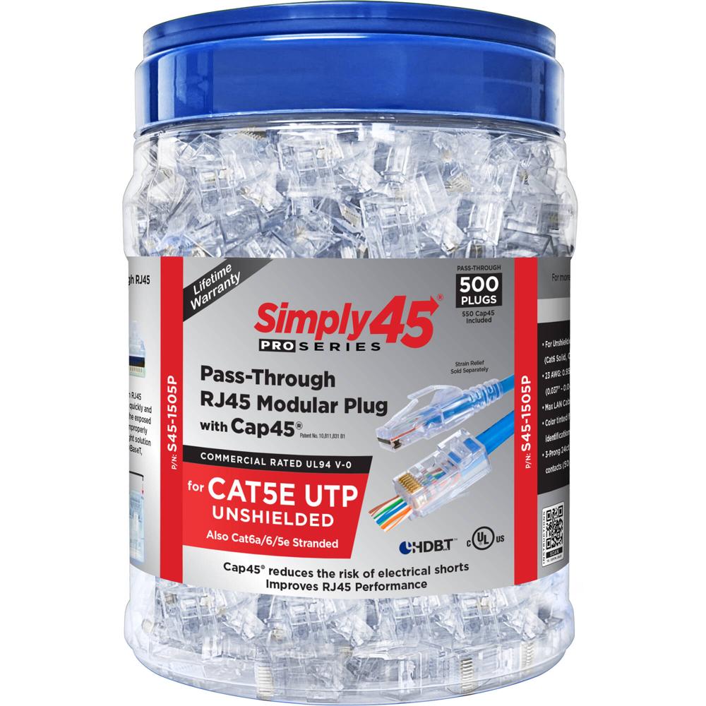 Simply45 Conectores RJ45 Cat5e S45-1505P Unshielded Pass-Through con Cap45 (500 Unidades)