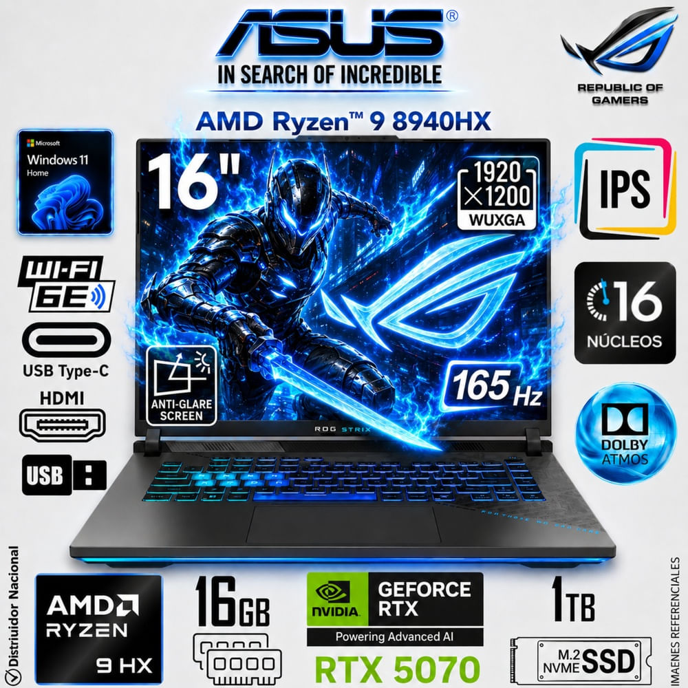 Laptop Asus ROG STRIX G16 G614PP AMD Ryzen 9 8940HX 16GB 1TB  RTX 5070-8GB 16  WUXGA  G614P-WH94