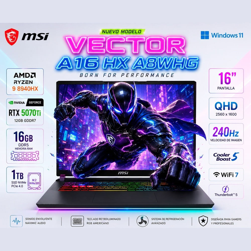 Laptop Msi Vector A16 HX A8WHG AMD Ryzen 9 8940HX 16GB RAM 1TB  5070Ti-12GB 16   240Hz - A8WHG-004US