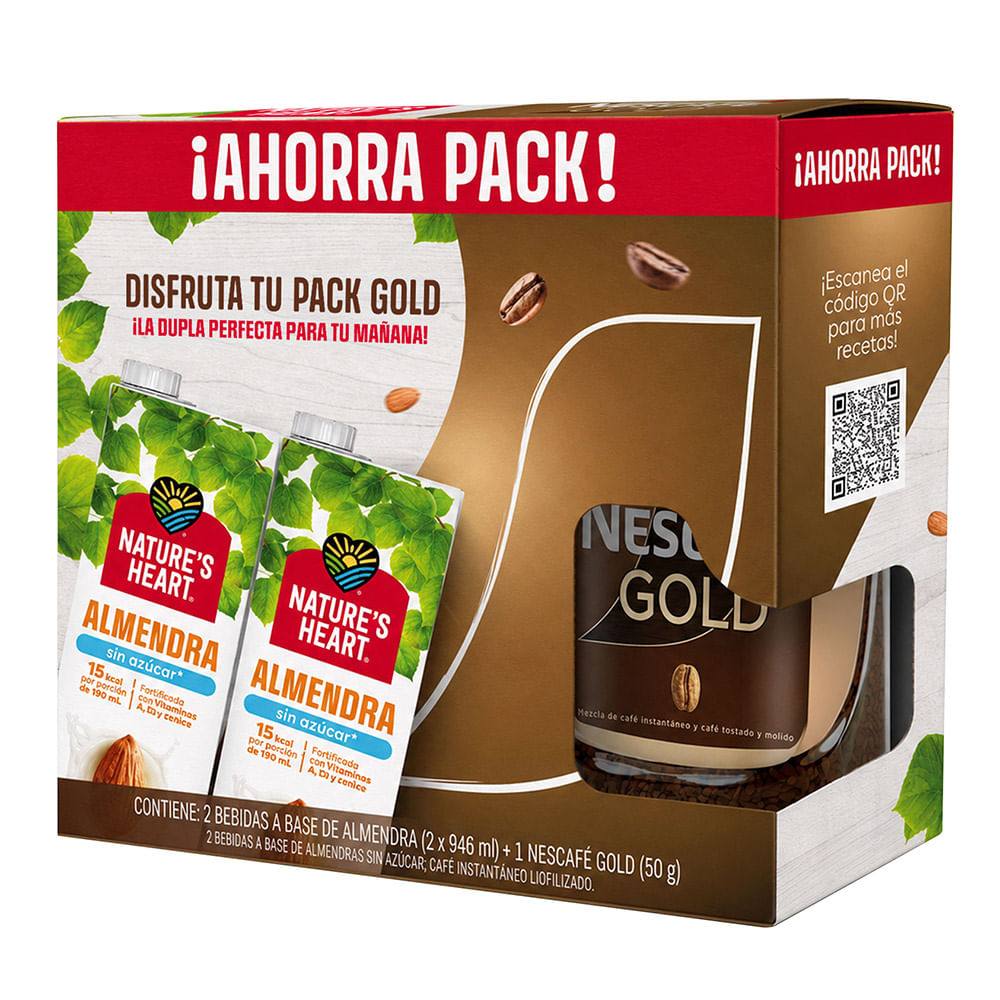 Pack Bebida de Almendras NATURE'S HEART Caja 946g Paquete 2un + Café NESCAFÉ Gold Frasco 50g