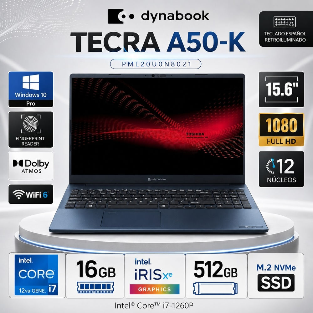 Laptop Dynabook Intel Corei7-1260P 16GB RAM 512GB SSD 15.6 FHD WIND 10 PRO Tecra A 50K PML20U0N8021