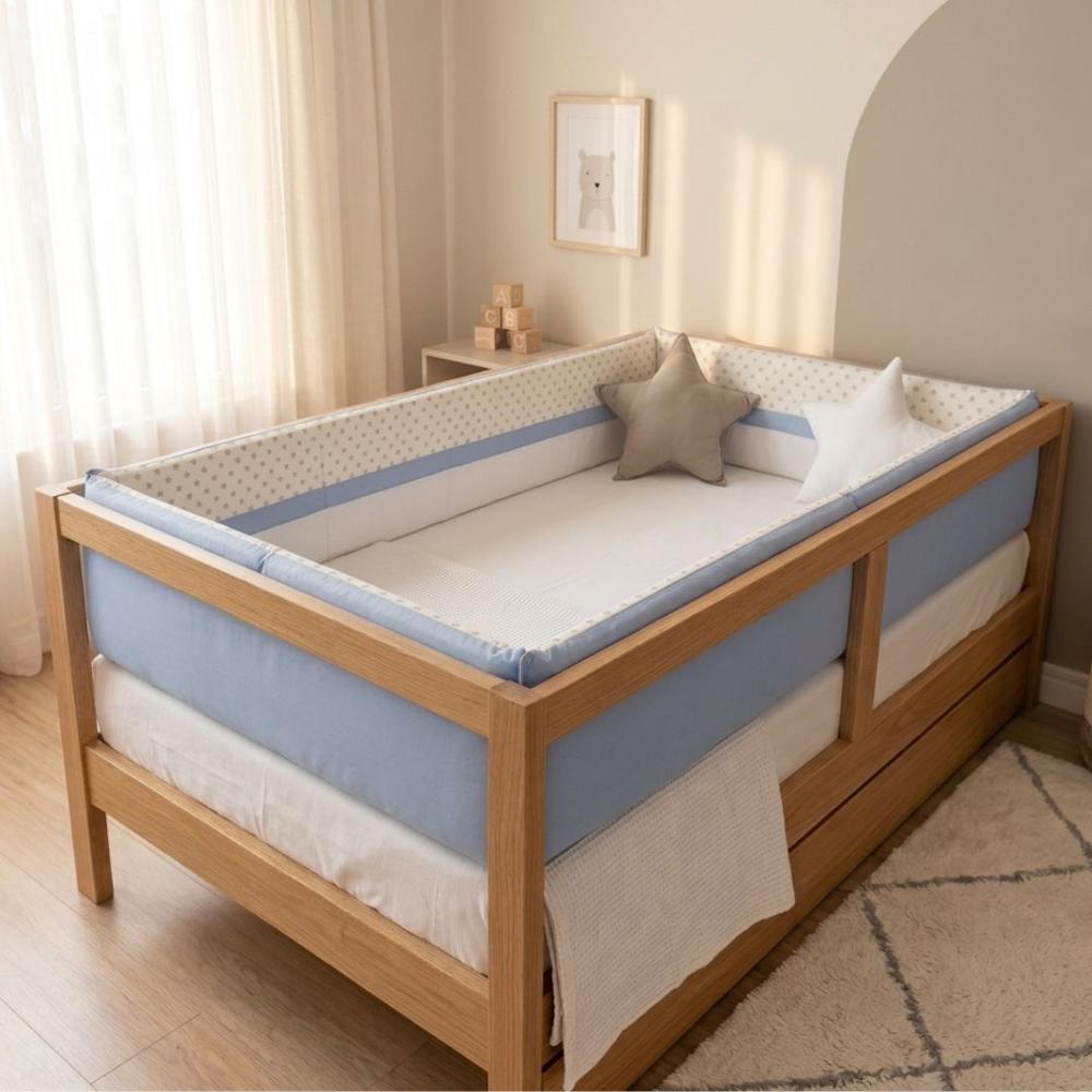 PROTECTORES LATERALES PARACHOQUES TALLA MONTESSORI 1.5 PLAZAS DISEÑO ESTRELLITAS -BLANCO - CELESTE